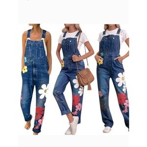 MissLook Painted Flower Hippie Boho Denim Bibs Overalls Jean Straight Leg S